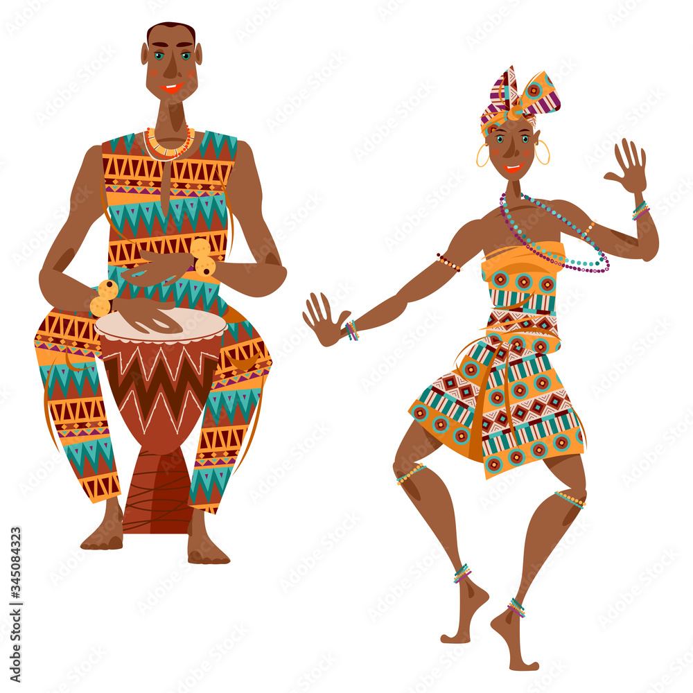 African ritual dance. Man plays a traditional drum, woman dances.