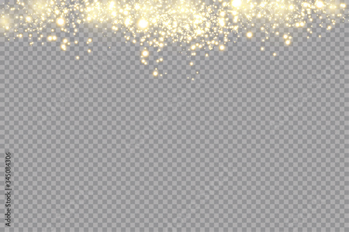Golden sparks glitter special light effect. Vector sparkles on transparent background. Christmas abstract pattern. Sparkling magic dust particles