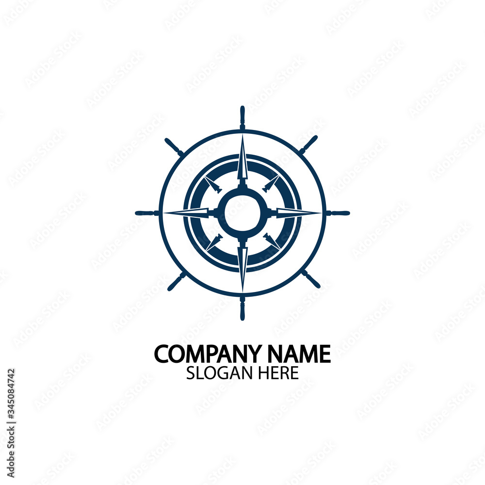 Ship steering wheel and conpass rose navigation symbol or logo isolated on white background - vector illustration Ship steering wheel and conpass rose navigation symbol or logo isolated on white background - vector illustration