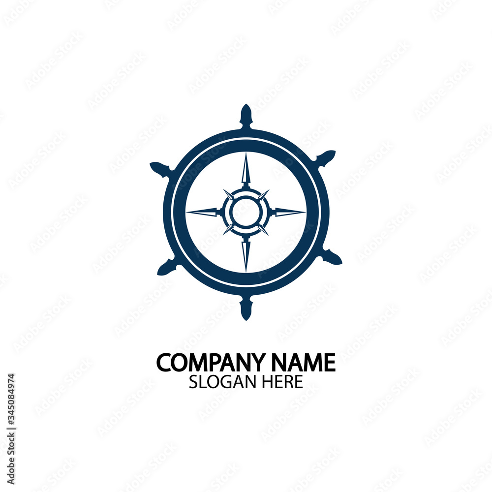 Ship steering wheel and conpass rose navigation symbol or logo isolated on white background - vector illustration Ship steering wheel and conpass rose navigation symbol or logo isolated on white background - vector illustration