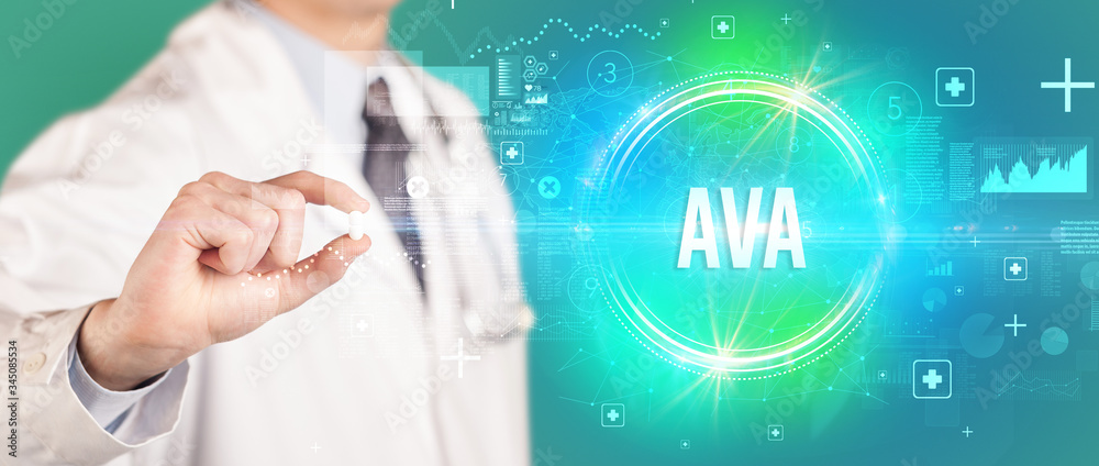 Close-up of a doctor giving you a pill with AVA abbreviation, virology concept Close-up of a doctor giving you a pill with AVA abbreviation, virology concept
