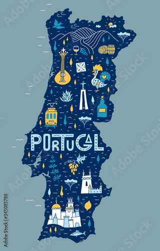 Portugal cartoon map. Hand-drawn touristic map of the country with main symbols, landmarks and attractions. Traveling poster with lettering. Doodle style.