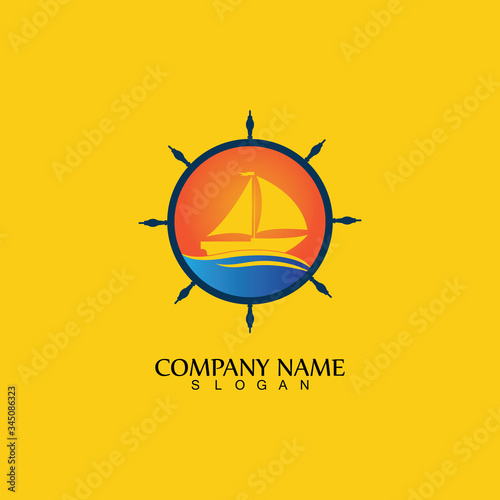 Ship and Boat Helm Steering Wheel on The Wave Water Ocean Logo Symbol