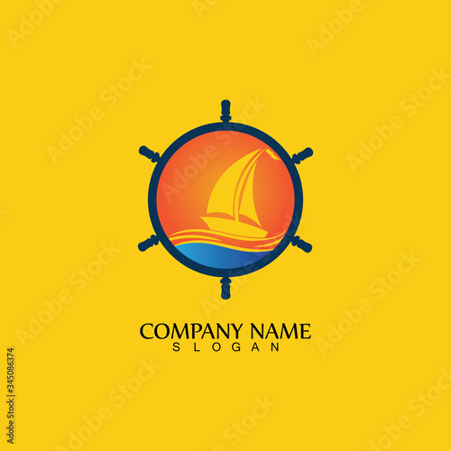 Ship and Boat Helm Steering Wheel on The Wave Water Ocean Logo Symbol
