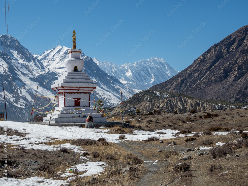Stupas in front of the Annapurna massif, Annapurna Trek, Nepal