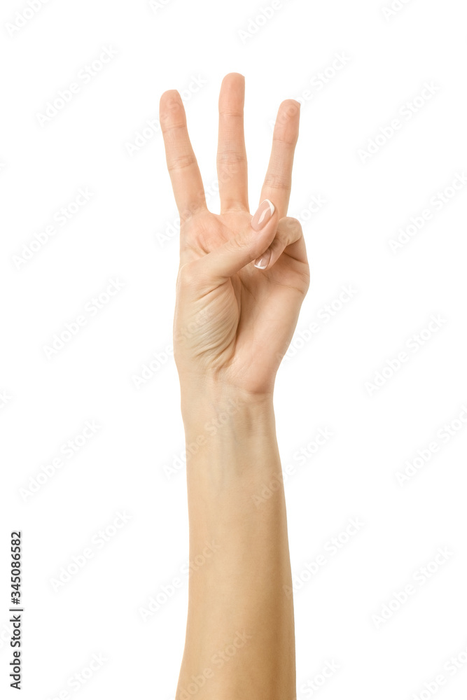 Number three. Woman hand gesturing isolated on white Number three. Woman hand gesturing isolated on white