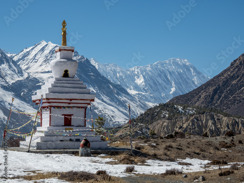 Stupas in front of the Annapurna massif, Annapurna Trek, Nepal