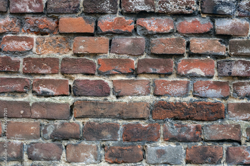 Brick wall dirty grunge texture. Pattern of red solid distressed brickwall