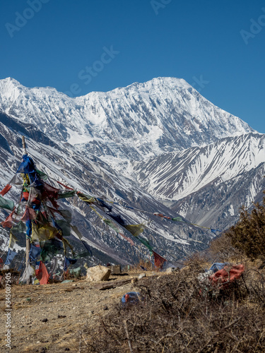 Prayer flags in front of the Annapurna massif, Annapurna Trek, Nepal