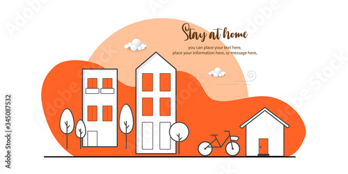 Stay at home and garden modern illustration for web banner on orange backgrounds. Landing page vector design for investment education. Flat cartoon “Work From Home” (WFH) environment.