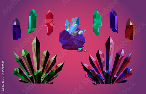 A set of colored stones. Crystals, vector isolated game icons. Realistic gems, jewels, nuggets. Rock crystal, emerald, jadeite, garnet, amethyst, colored glass. Treasure, treasures, elements of the in