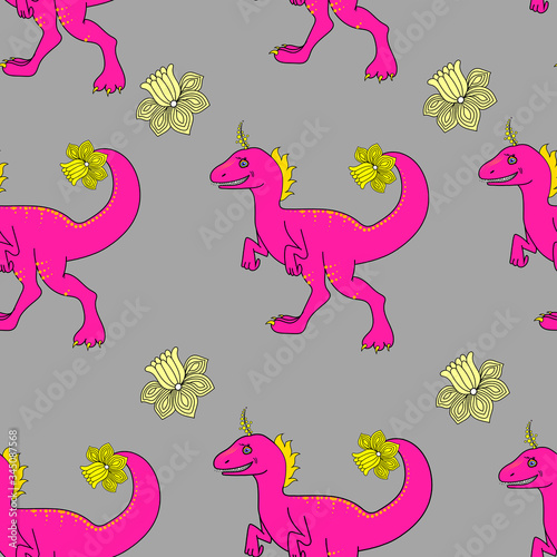 Seamless pattern with Pink dinosaurs on the grey background. Bright Background for kids  for textiles  clothing  web  overprint paper. Trendy vector print.