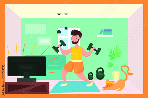 Vector illustration of young man doing exercises with online trainer