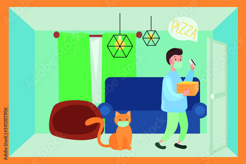 Vector illustration of man ordering pizza while being at home 