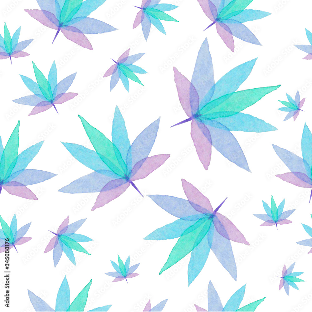 Marijuana leaves bright seamless pattern on a white background.