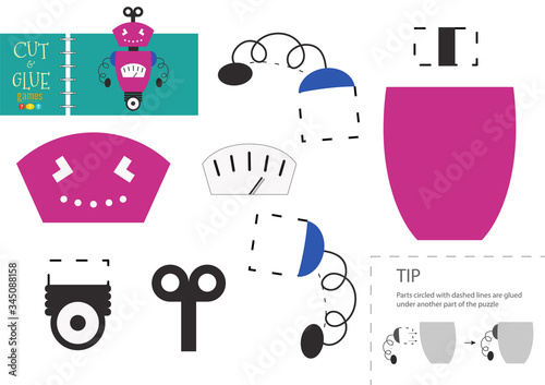 Cut and glue paper toy. Vector illustration, worksheet with cartoon robot