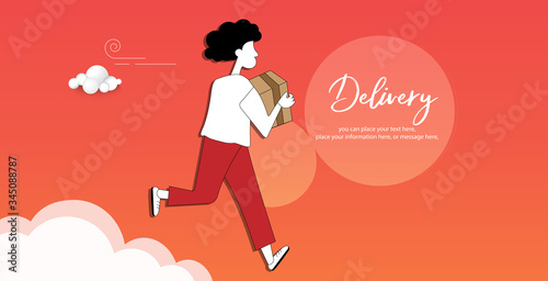 Delivery people sent box on orange background - Flat cartoon web banner blog. Post office male worker flat color vector illustration. Man distributes packages. Post service delivery boy