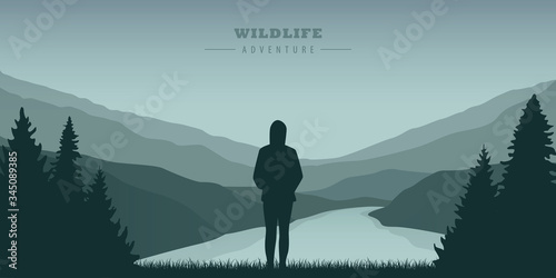 lonely girl silhouette by the river in nature vector illustration EPS10