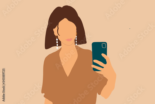 Illustration of a woman with smart phone on the color background