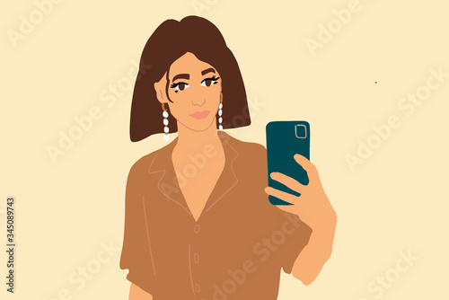 Illustration of a woman with smart phone on the color background