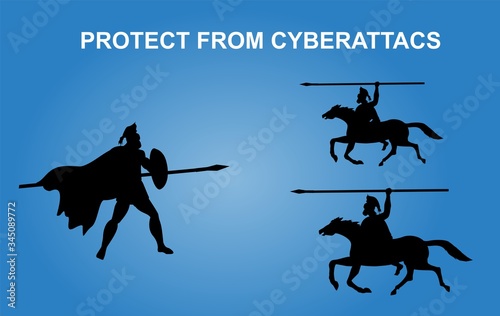 Cyber  protection from cyber crime, ancient warriors silhouettes, concept vector