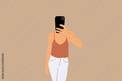 Illustration of a woman with smart phone on the color background
