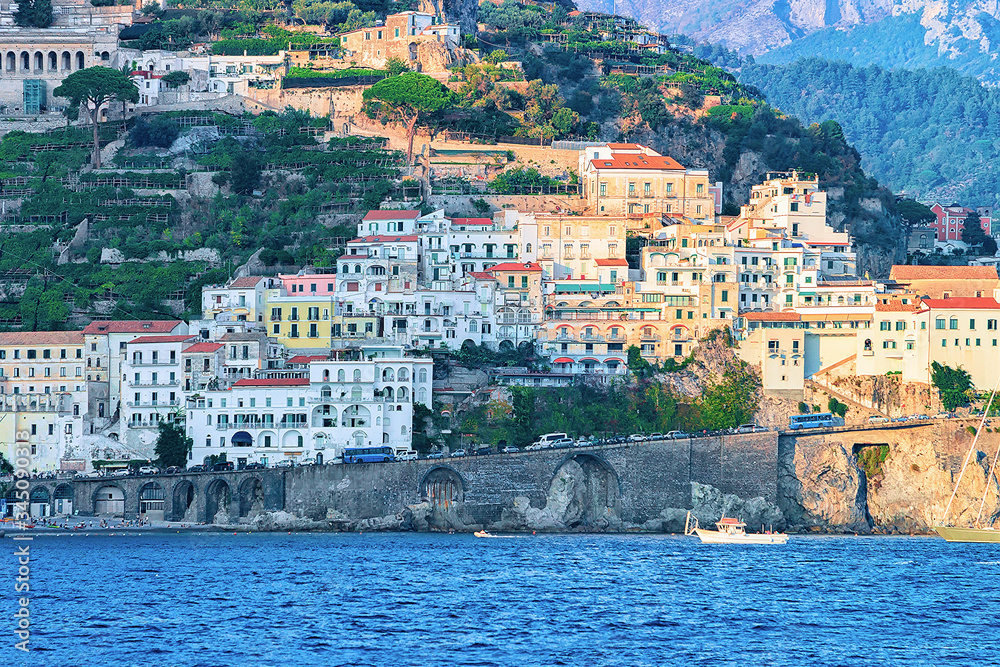 Beautiful Amalfi town at Tyrrhenian sea in autumn