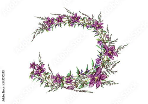Stock illustration. Frame for your photo, text from wildflowers, painted in watercolor, isolated on white background