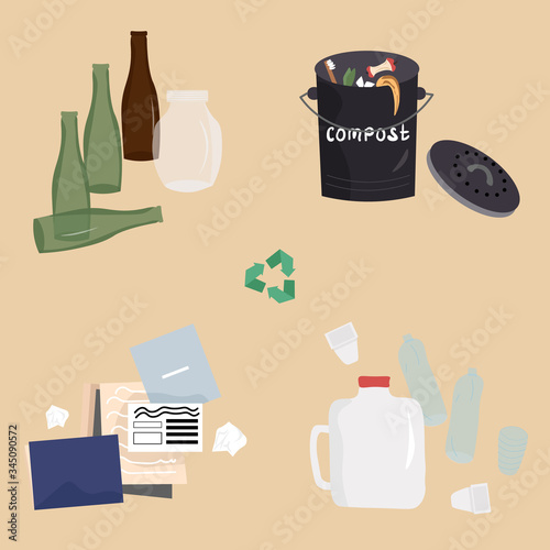 Recyclable materials and recycling icon. Separation of waste into fractions: paper, plastic and compost. 

