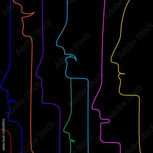people profiles in many color, people creative concept, crowd concept, color of inner emotions,