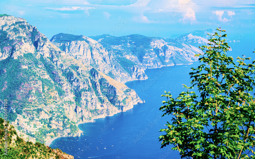 Mountains at Positano and Blue Mediterranean Sea in Italy reflex
