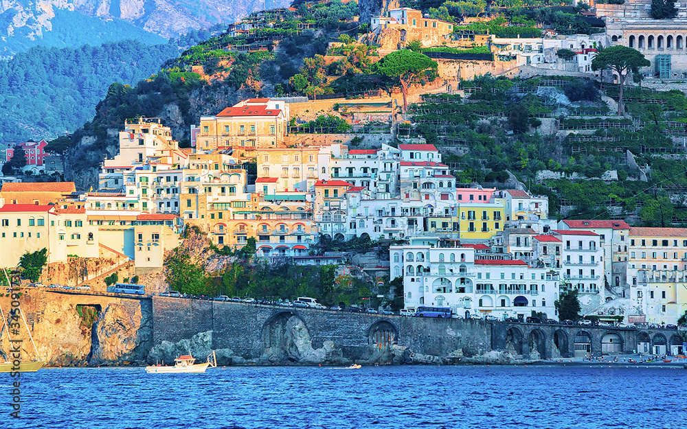 Beautiful Amalfi town at Tyrrhenian sea in autumn reflex