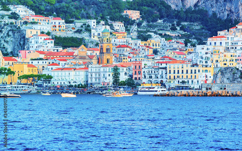 Beautiful Amalfi town and Tyrrhenian sea in autumn reflex
