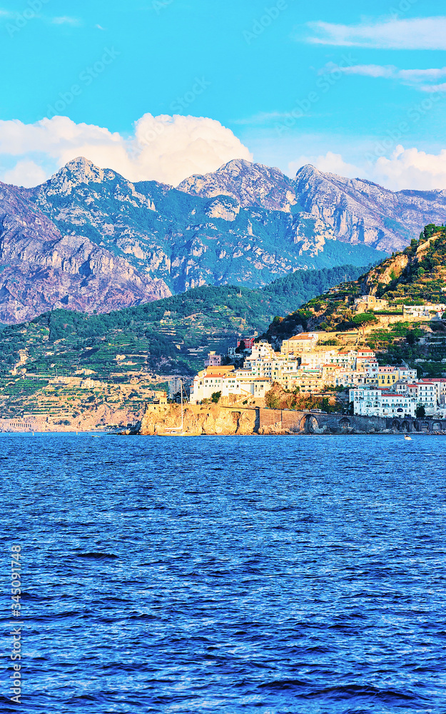 Amalfi town at Tyrrhenian sea in autumn reflex