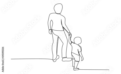 Continuous single line drawing of a father holding his child hand while walking 