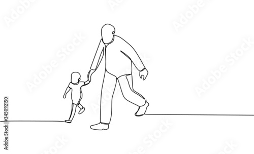 A parent holding her/his child hand while walking. Continuous single line drawing vector
