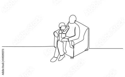 One line drawn vector of a grand father is reading a story book for his grand son
