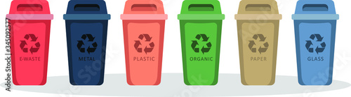 Rubbish bins for recycling different types of waste. Garbage containers for trash sorted by plastic, organic, e-waste, metal, glass, paper. Concept ecology. Vector flat illustration.