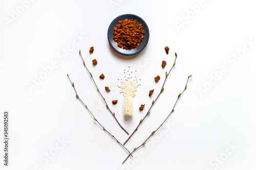 the chaga mushroom. composition of pieces of birch fungus chaga and homeopathic medicine pills in jar on a white background. the concept of alternative medicine photo