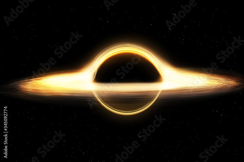 black hole and a disk of glowing plasma. Supermassive singularity in outer space,