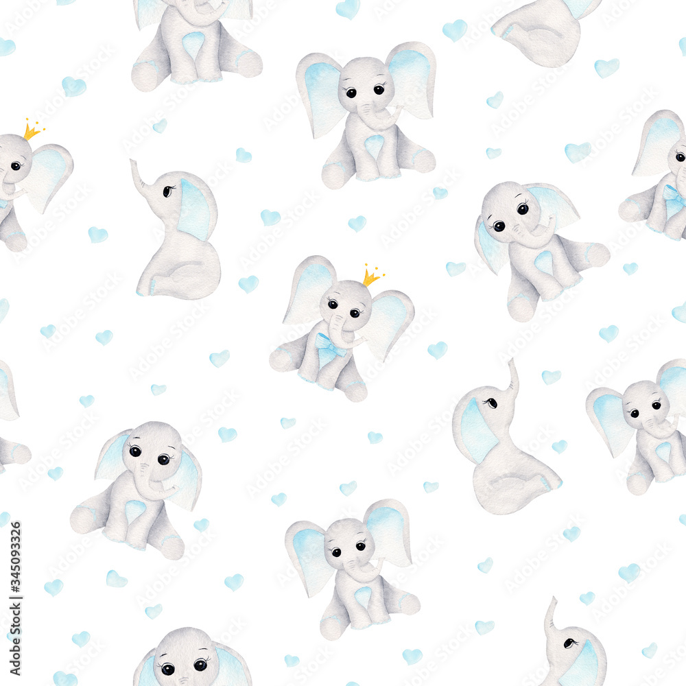 Baby elephant animal and blue hearts watercolor seamless pattern. Digital paper for fabric textile and nursery.