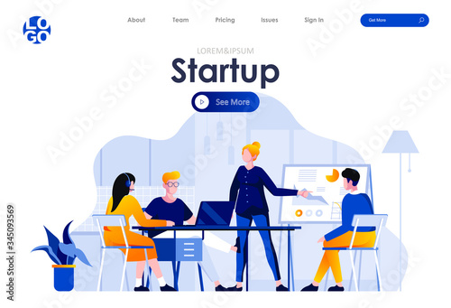 Startup project flat landing page design. Business meeting of creative team with whiteboard presentation scene with header. Communication and conversations between colleagues. Work process situation.