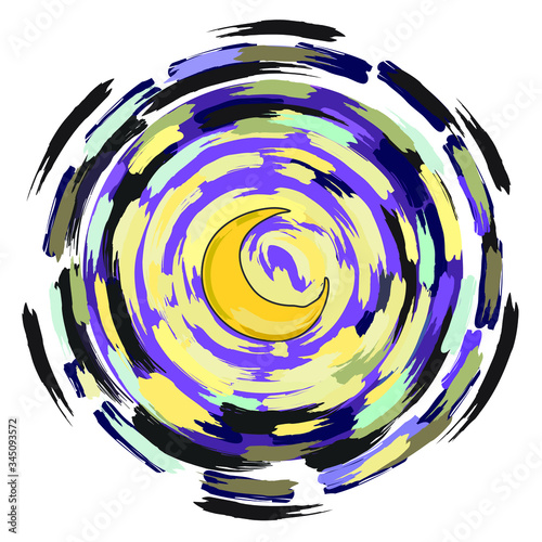 Vector  illustration of starry night sky with glowing yellow moon and radial moving stars  isolated on white background in Van Gogh painting style suitable for t-shirt prints, mugs, etc. [EPS 10]