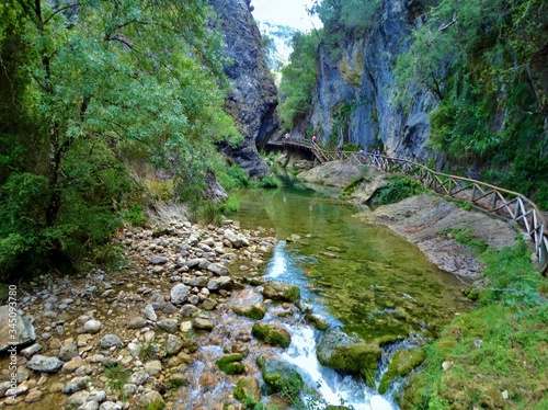 Impresionante paisaje de cascadas de agua y r  os que se abren paso entre el verde de la vegetaci  n y el bosque en las monta  as en el Parque Natural de la Sierra de Cazorla