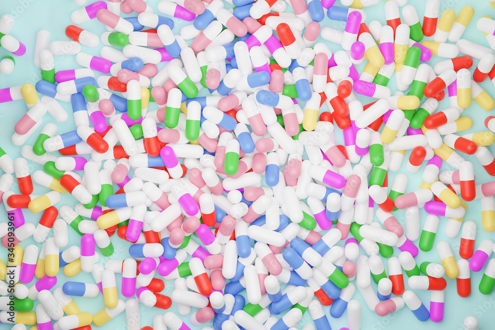 top view of colorful pill capsules on light green background, 3D rendering
