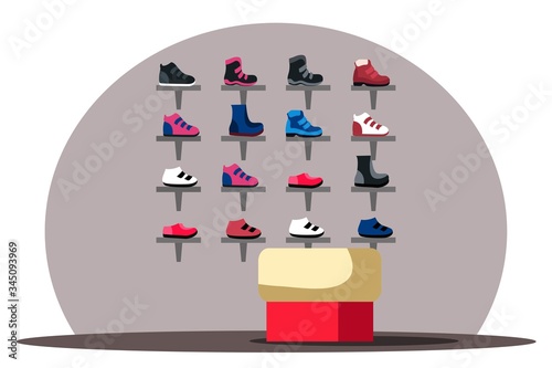 Vector flat illustration of interior design of shoe store background