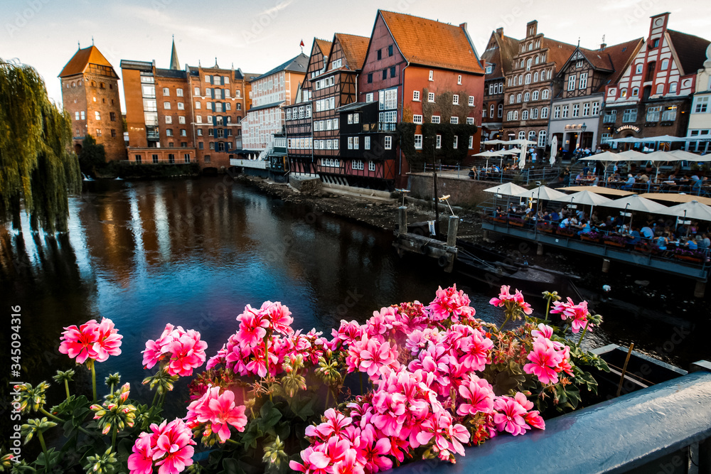 Beautiful view of canal with pink flowers and old houses in Cityscape of the old town Luneburg, Germany