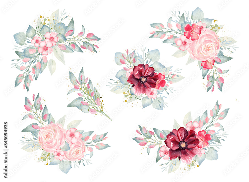 Floral bouquets set watercolor clipart. Hand painted illustration with burgundy and pink flowers and greenery.