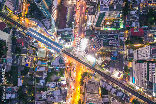 Aerial view of Asoke intersection and sky train station in Bangkok Thailand photo