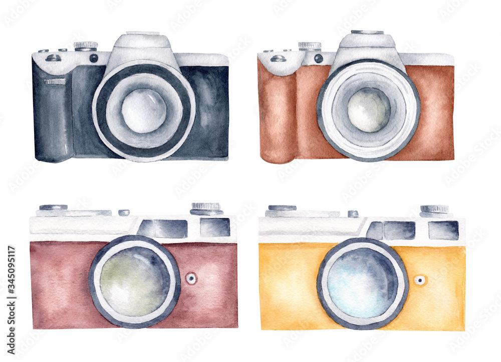 Cameras watercolor clipart set. Vintage retro photocamera hand painted illustration.